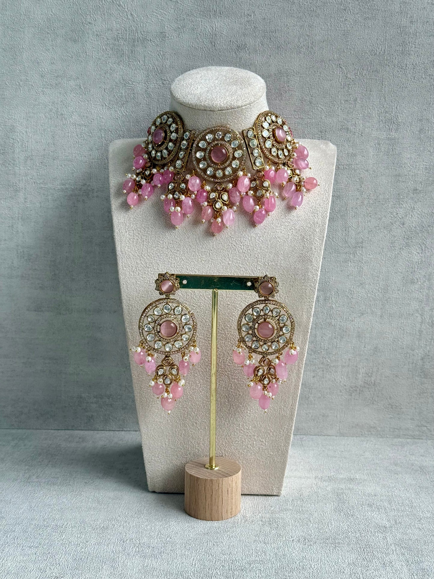 Ayura Designs Harper Set – Antique Gold Choker & Earrings with Blush Pink Beads, Kundan Stones & Pearl Detailing