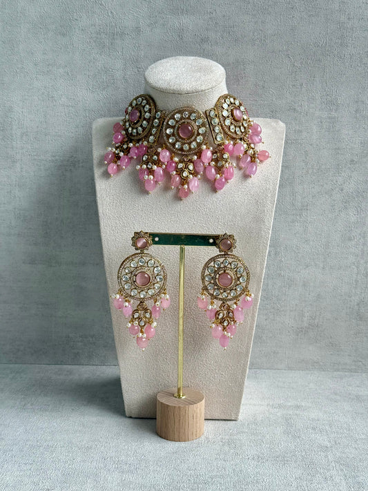 Ayura Designs Harper Set – Antique Gold Choker & Earrings with Blush Pink Beads, Kundan Stones & Pearl Detailing