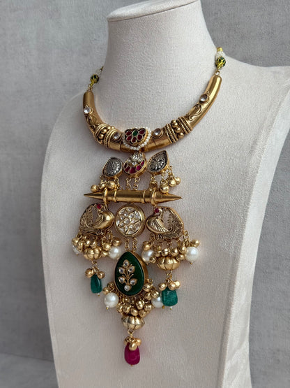 Ayura Designs Zaqsh Collar Necklace Set with Earrings – Antique Gold Peacock Pendant with Emerald Green Stones & Pearl Detailing
