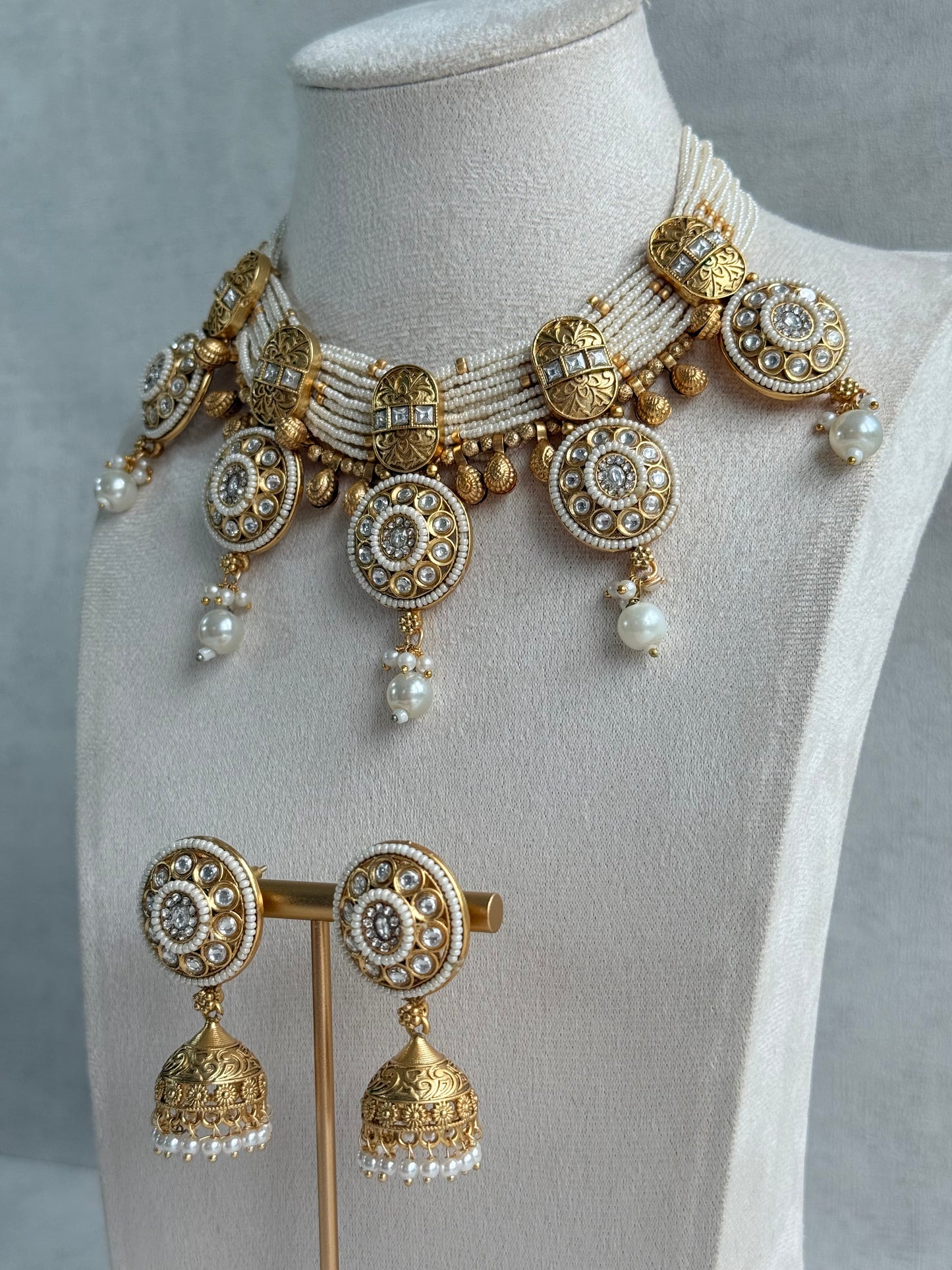 Ayura Designs Kesar Necklace Set with Jhumkis – Multi-Strand Ivory Pearl Design, Kundan Stones & Gold Finish