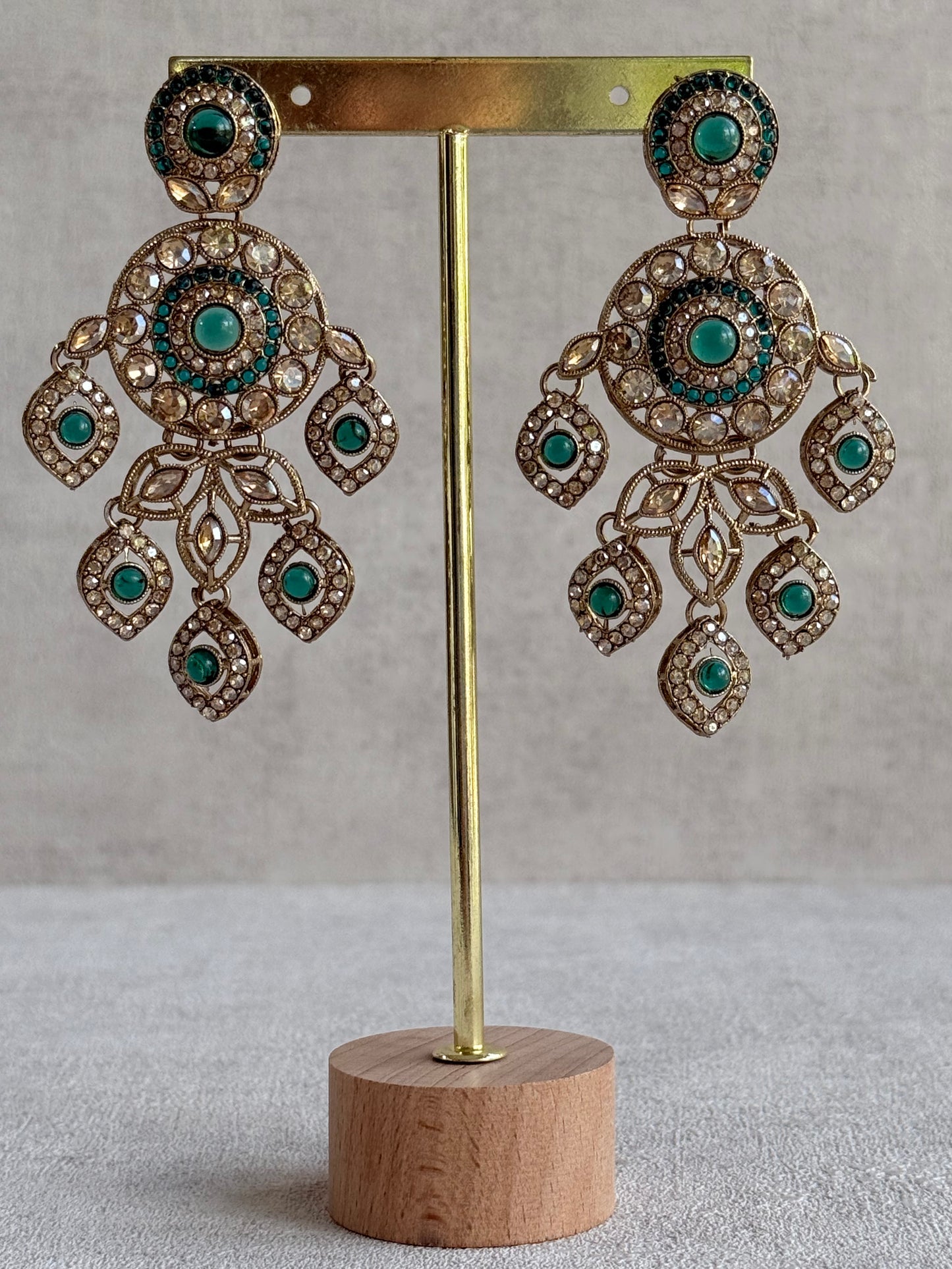 Ayura Designs Vanika Earrings – Teal Green & Champagne Crystal Gold Finish