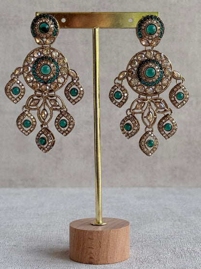 Ayura Designs Vanika Earrings – Teal Green & Champagne Crystal Gold Finish