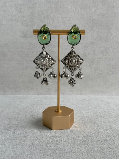 Ayura Designs Jiyana Collar Necklace Set – Leaf Green Carved Teardrop Stones & Oxidised Silver Finish
