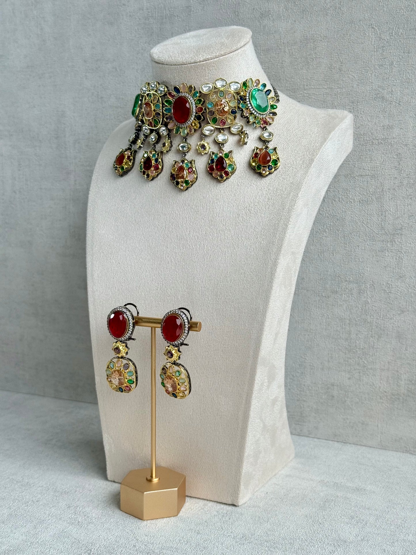 Ayura Designs Verity Choker Set with Earrings – Multicolour Stones, Crystal Accents & Antique Silver Finish