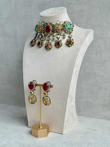 Ayura Designs Verity Choker Set with Earrings – Multicolour Stones, Crystal Accents & Antique Silver Finish