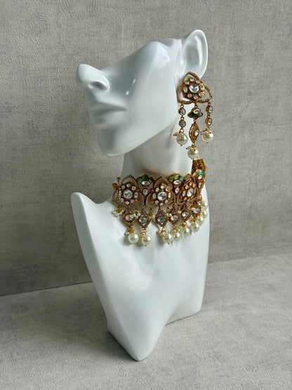 Ayura Designs Serina Choker Set with Earrings – Mint & Pistachio Enamel, Mirror-Cut Stones & Pearl Drops