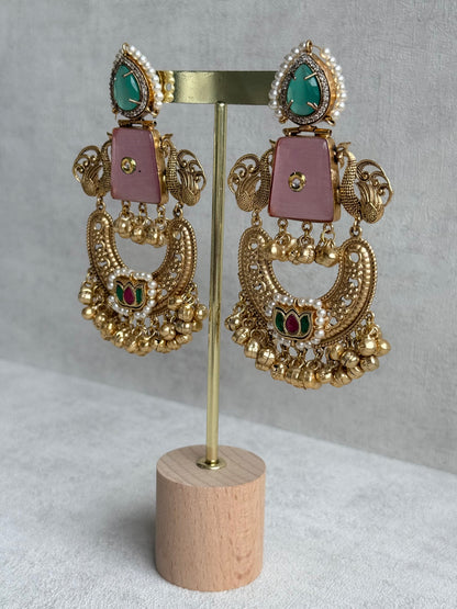 Ayura Designs Sahar Earrings – Statement Earrings with Blush Pink Stone, Mint Green Accents & Ghungroo Detailing