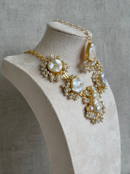 Ayura Designs Niamh Set with Tikka & Earrings - Baroque Pearl, Mother of Pearl & Swarovski Crystals