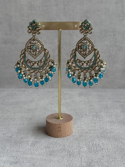 Ayura Designs Azka Set – Necklace, Earrings & Tikka with Turquoise Blue Beads, Ivory Pearls & Champagne Gold Finish