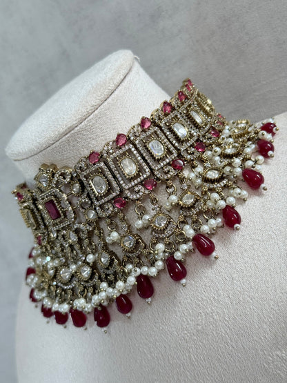 Ayura Designs Aisha Choker Set with Earrings & Tikka – Rani Pink Stones, Red Beads, Polki & Pearl Detailing