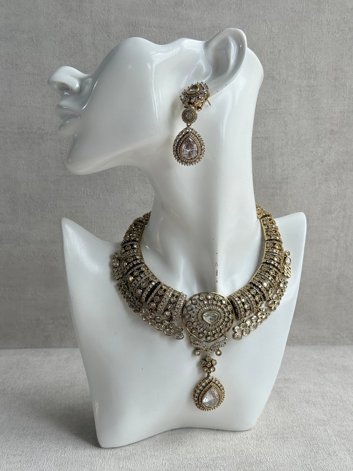 Ayura Designs Ahana Necklace Set with Earrings – Crystal Teardrop Stones & Moissanite Detailing