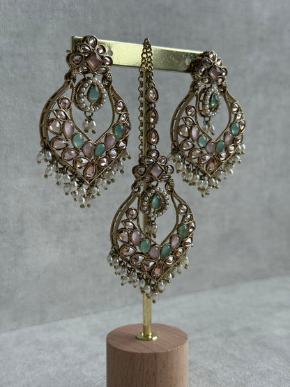 Ayura Designs Damini Tikka Set – Mirror-Cut Kundan Earrings & Tikka with Mint & Blush Enamel and Pearl Detailing