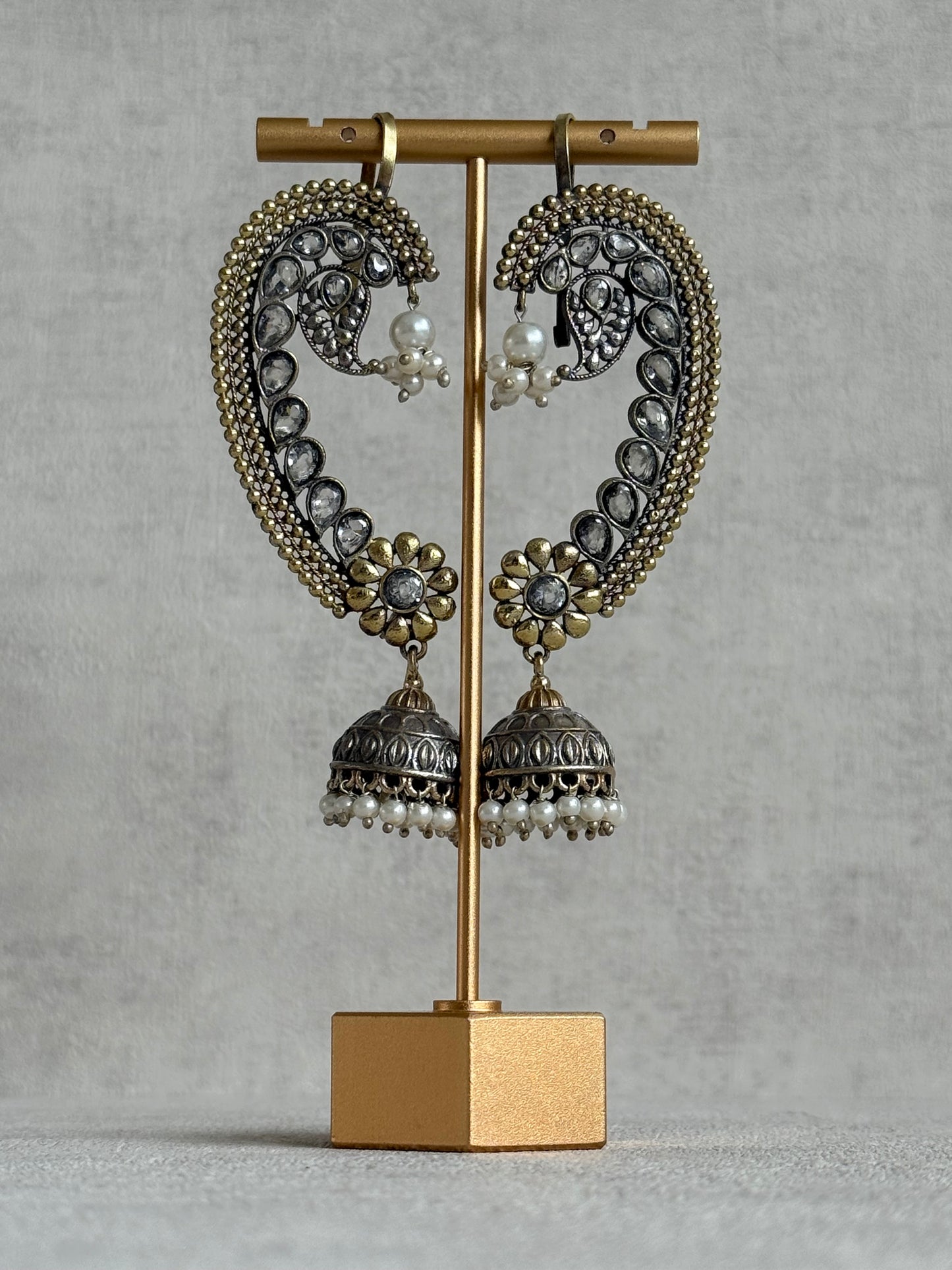 Ayura Designs Koyal Jhumkis – Oxidised Dual Tone Ear Climber Jhumkis with Kundan Stones & Pearl Detailing