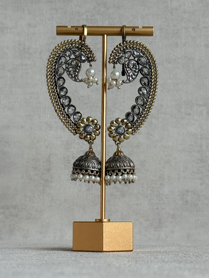 Ayura Designs Koyal Jhumkis – Oxidised Dual Tone Ear Climber Jhumkis with Kundan Stones & Pearl Detailing