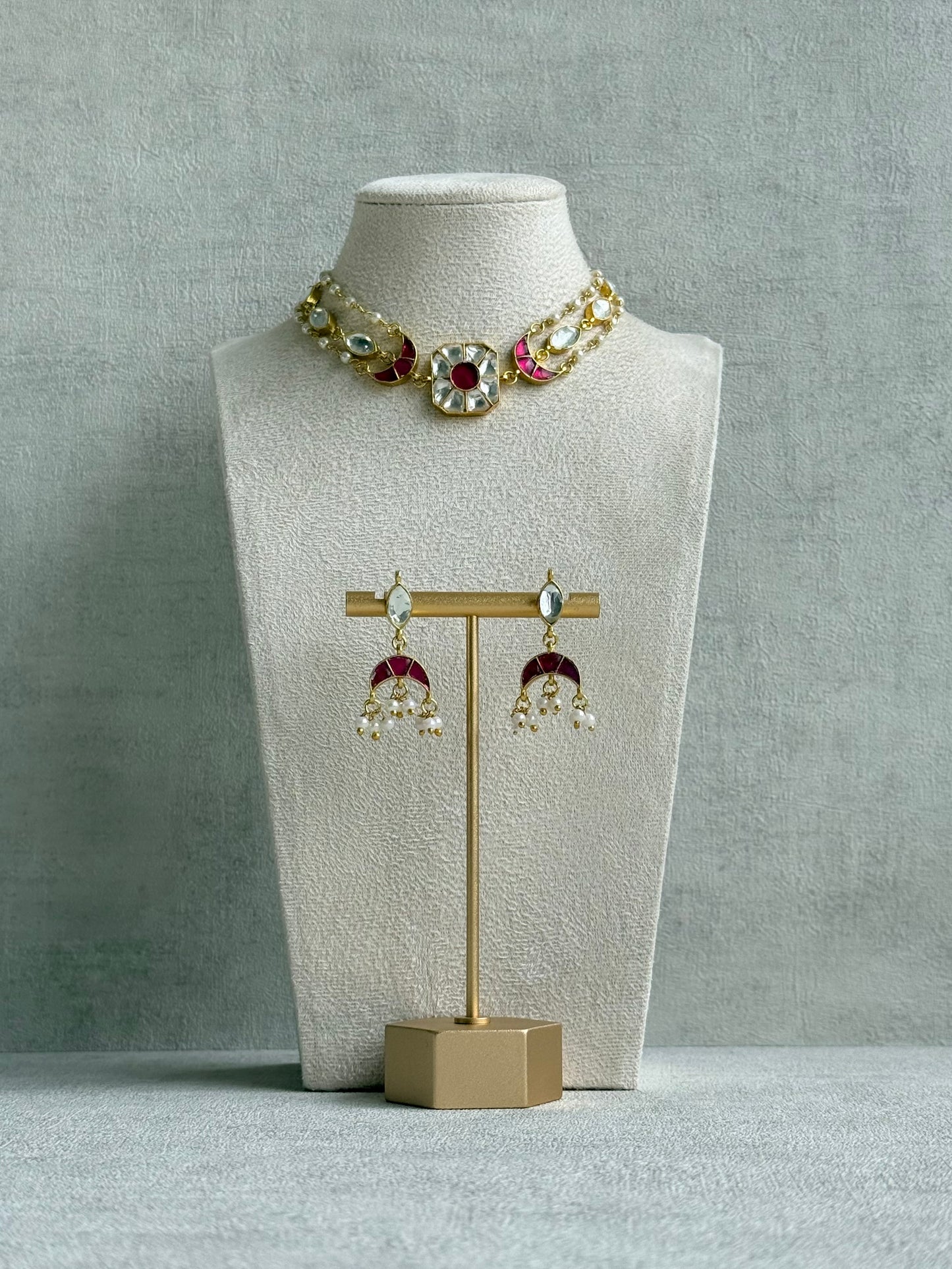 Ayura Designs Mahi Choker Set with Earrings – Meenakari Kundan Hot Pink & Ivory Detailing