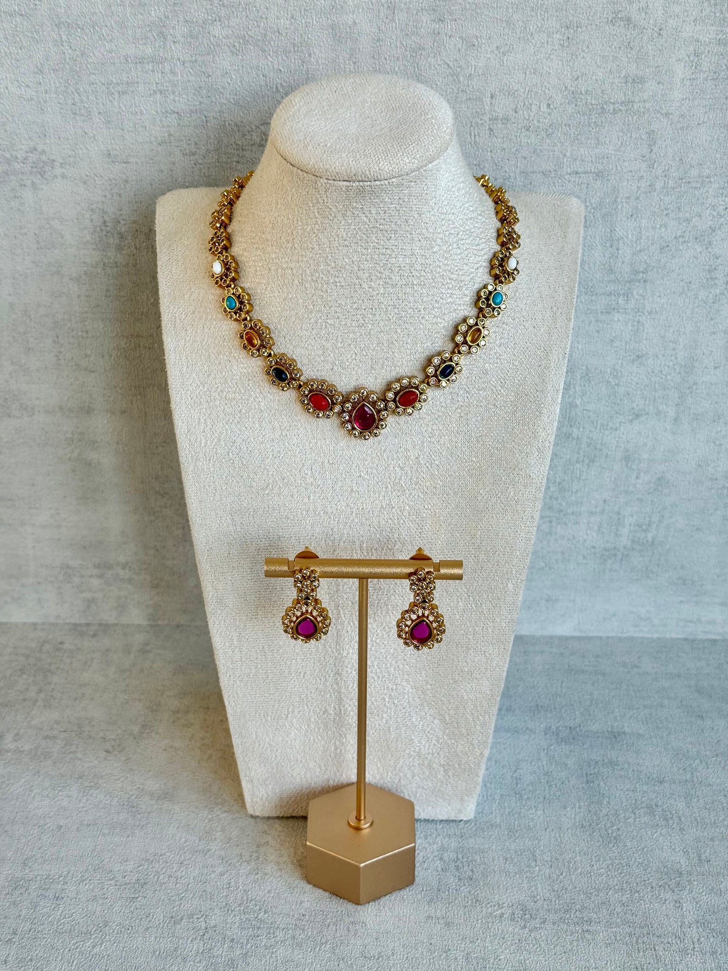 Ayura Designs Maanya Set with Earrings – Multicolour Stones with Rani Pink Centre & Crystal Detailing