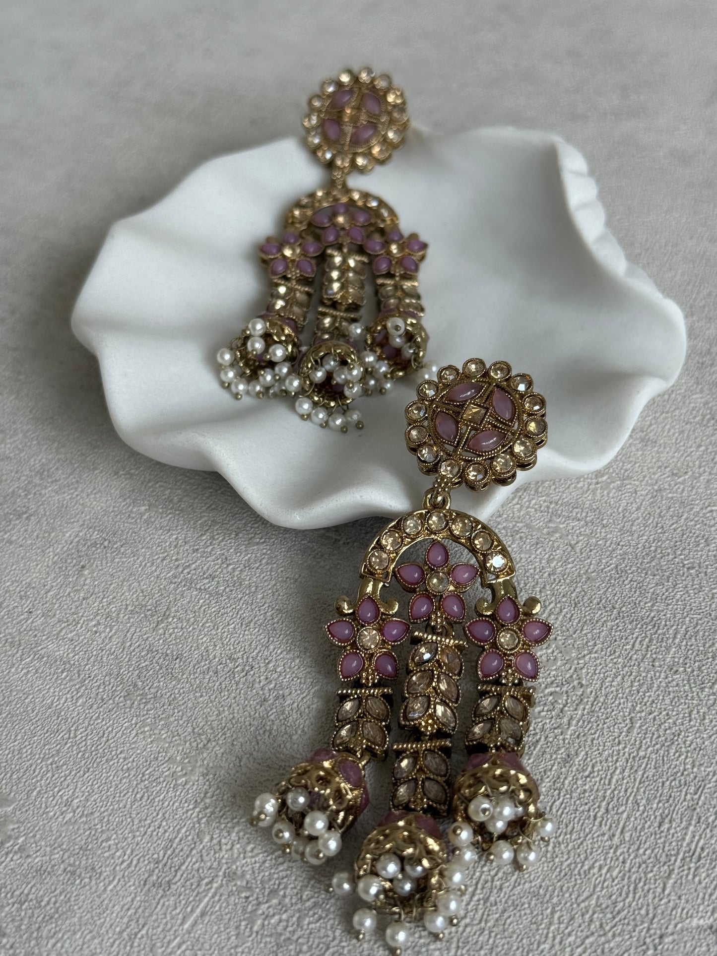 Ayura Designs Soraya Earrings – Lilac Stones, Champagne Crystals, Pearl Detailing & Gold Finish