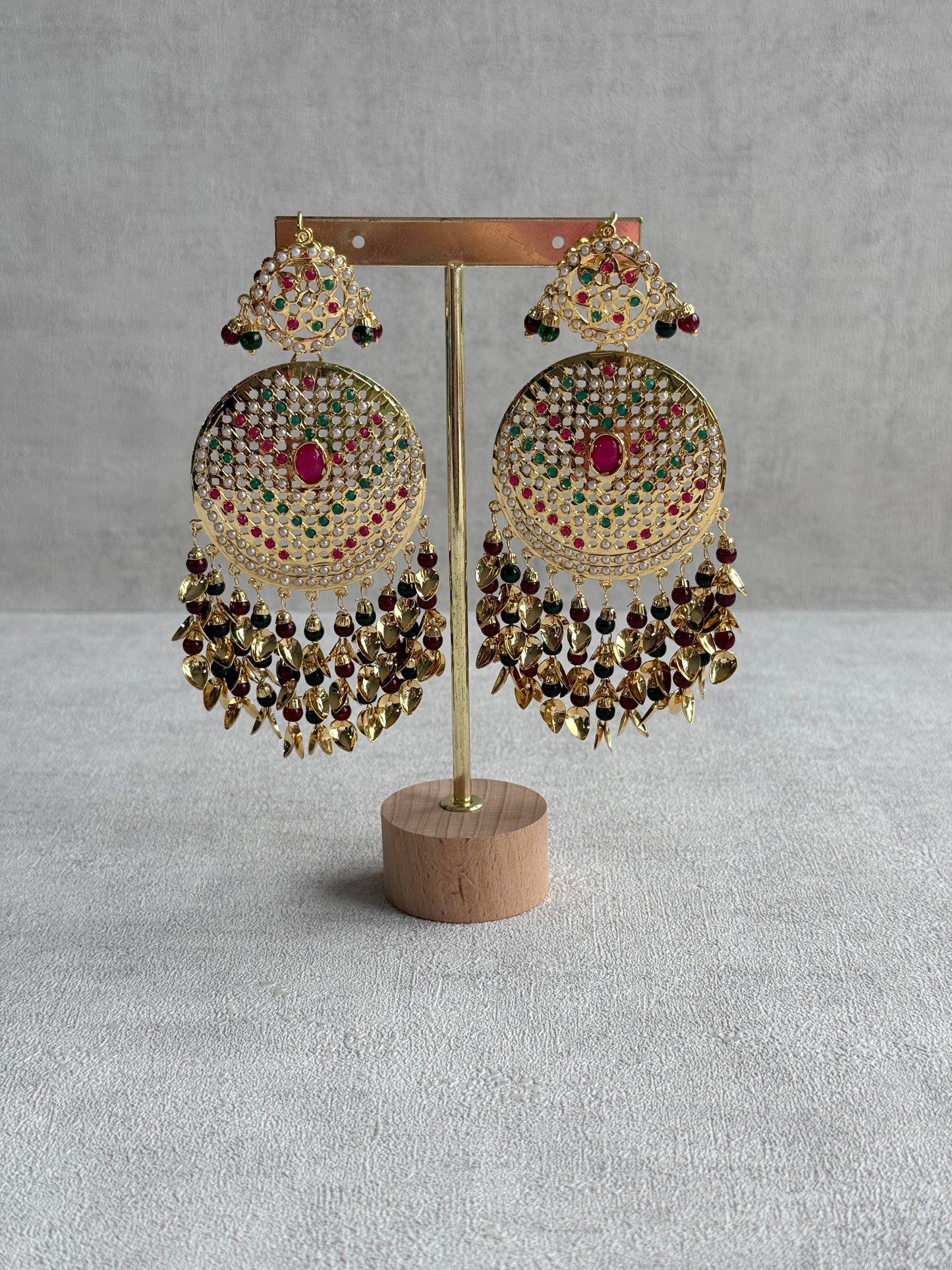Ayura Designs Seerat Earrings – Rani Pink & Multicolour Gold Pippal Patti Design with Pearls
