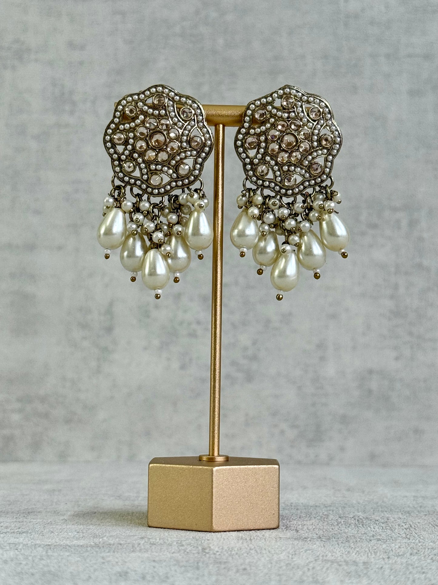 Ayura Designs Aynoor Halo Petal Earrings – Antique Gold Finish with Mirror-Cut Stones & Pearl Drops