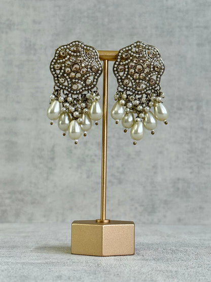 Ayura Designs Aynoor Halo Petal Earrings – Antique Gold Finish with Mirror-Cut Stones & Pearl Drops