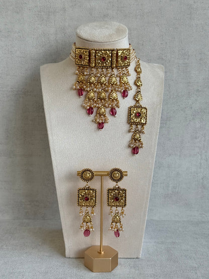Ayura Designs Nimrah Choker Set with Earrings & Tikka – Ruby Pink Gold Tone Waterfall Jewellery Set