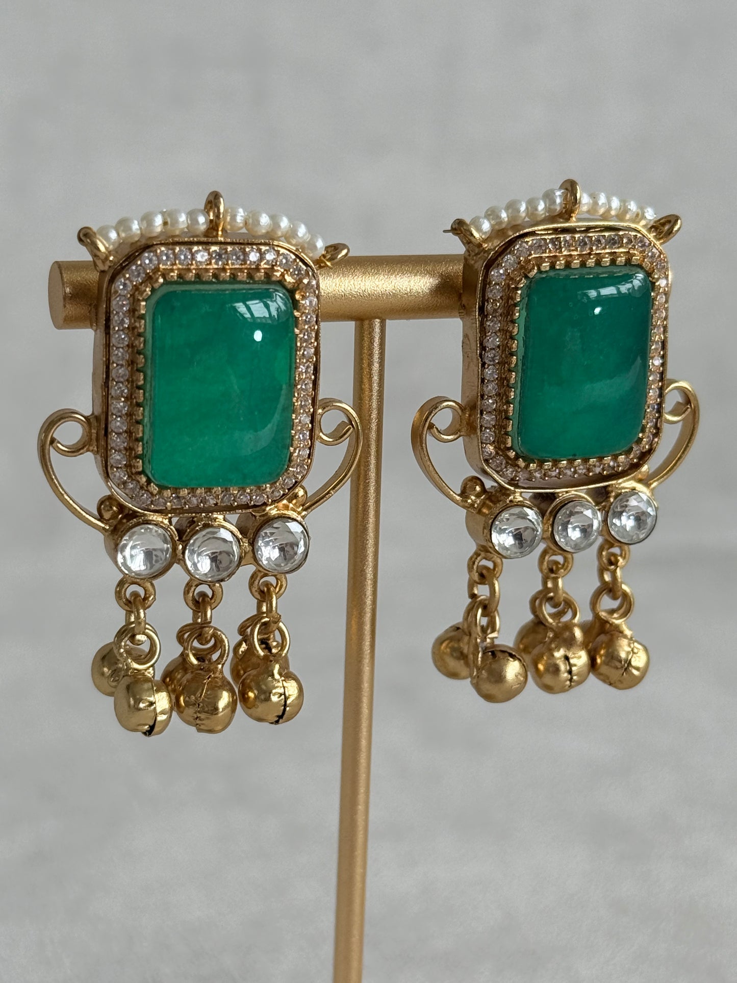 Ayura Designs Aleena Earrings – Emerald Green Stone Stud Earrings with Pearls & Ghungroo Detailing
