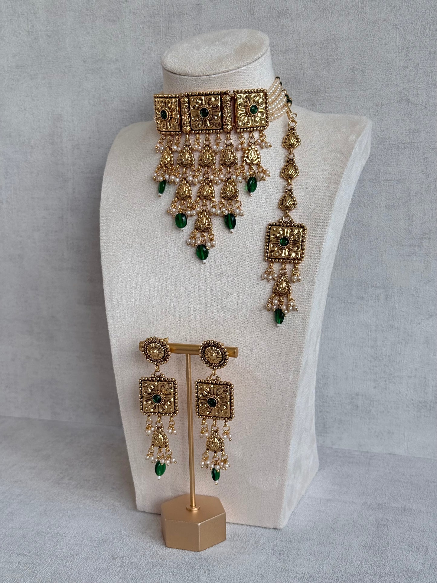Ayura Designs Nimrah Choker Set with Earrings & Tikka – Emerald Green Gold Tone Waterfall Jewellery Set