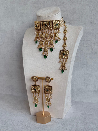 Ayura Designs Nimrah Choker Set with Earrings & Tikka – Emerald Green Gold Tone Waterfall Jewellery Set