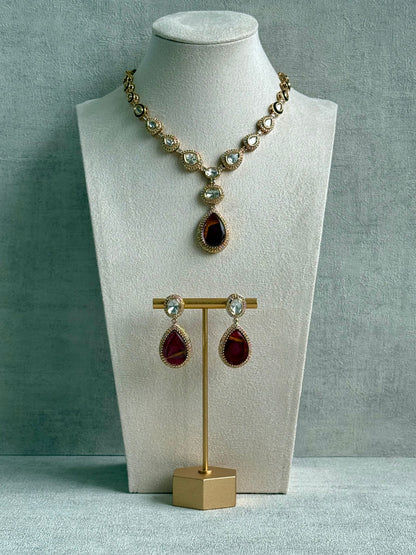Ayura Designs Lilly Set with Necklace & Earrings – Burnt Crimson Marble Stones, Mirror-Cut Accents & Antique Gold Finish