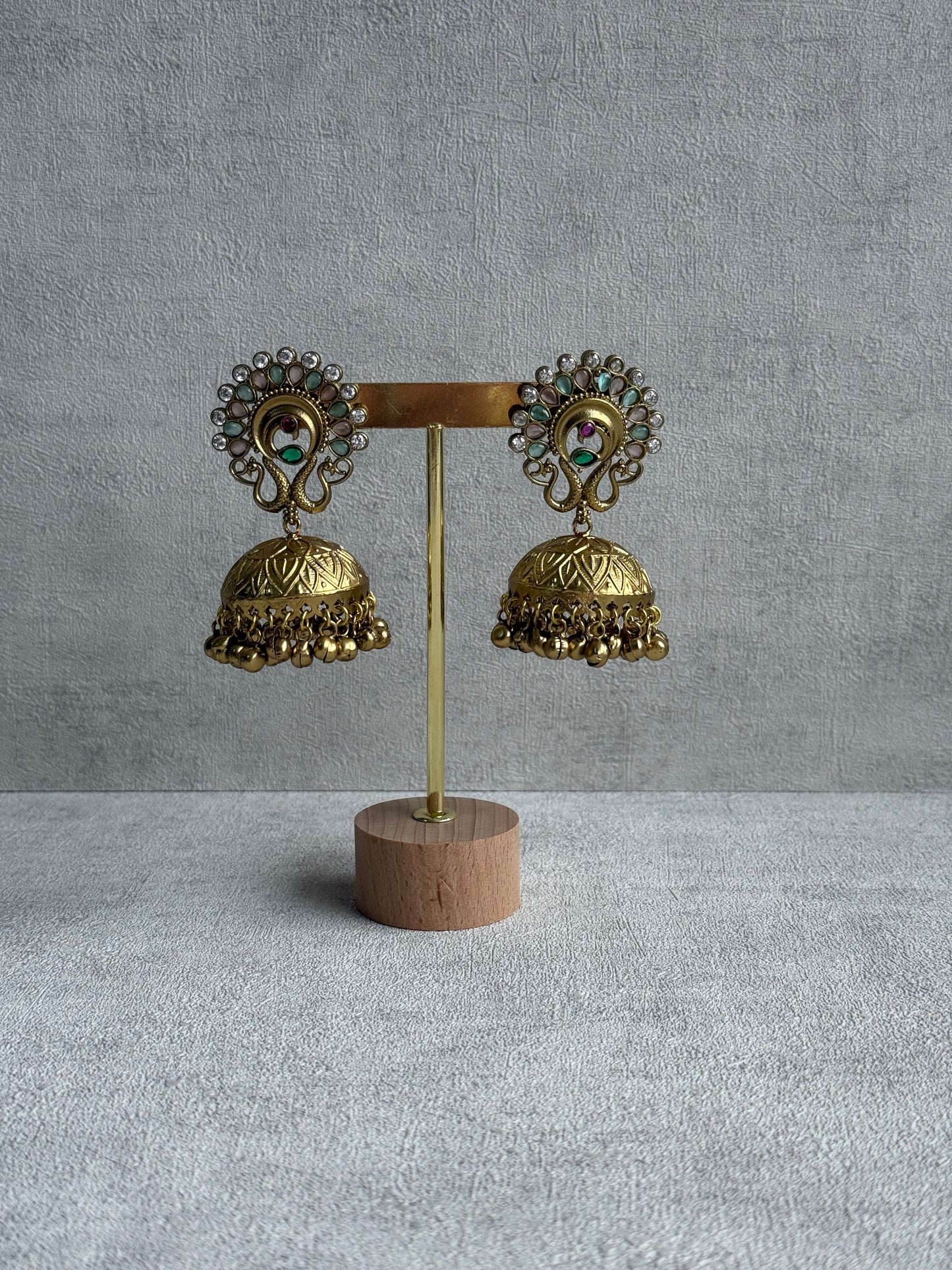 Ayura Designs Moraya Jhumkis – Mint Green & Blush Pink Peacock Motif with Antique Gold Detailing