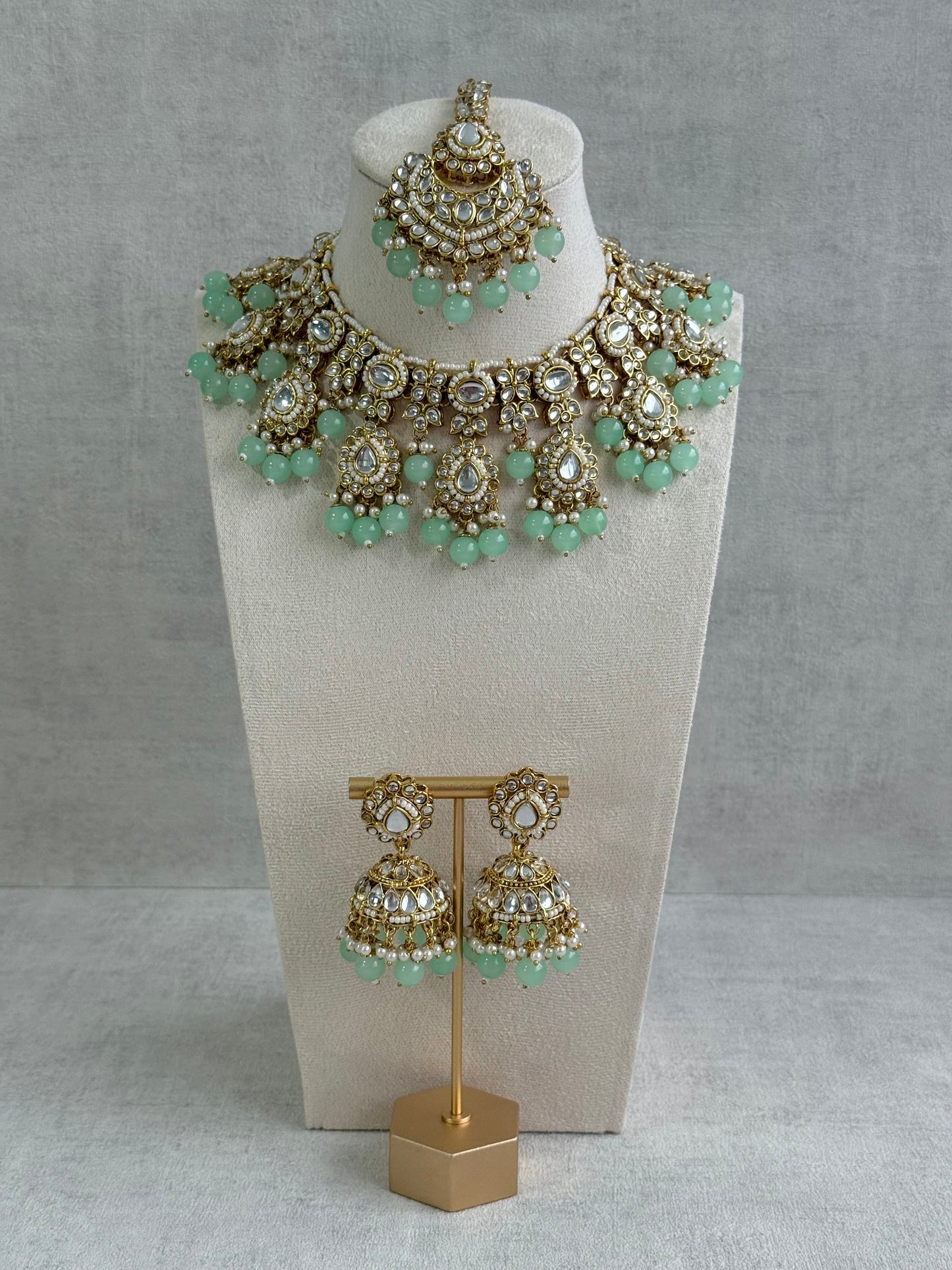 Ayura Designs Iyla Set with Necklace, Earrings & Tikka – Kundan Detailing, Ivory Pearl Drops & Mint Beads