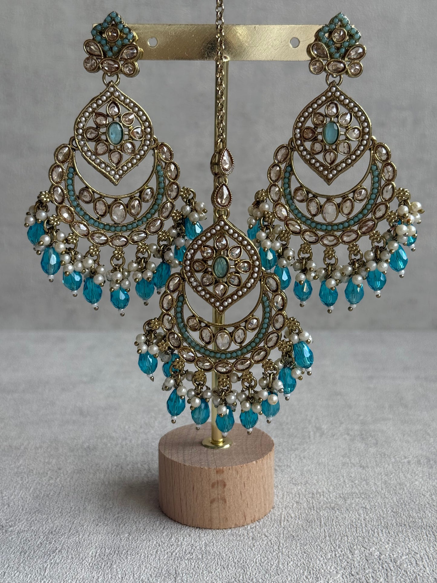 Ayura Designs Azka Set – Necklace, Earrings & Tikka with Turquoise Blue Beads, Ivory Pearls & Champagne Gold Finish