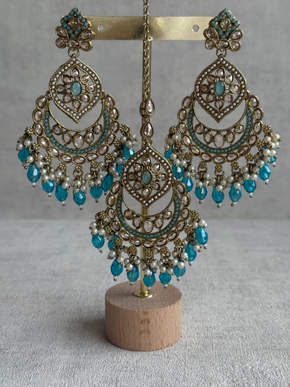 Ayura Designs Azka Set – Necklace, Earrings & Tikka with Turquoise Blue Beads, Ivory Pearls & Champagne Gold Finish