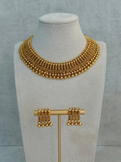 Ayura Designs Lavanya Set with Necklace & Earrings – Matte Antique Gold Beaded Design