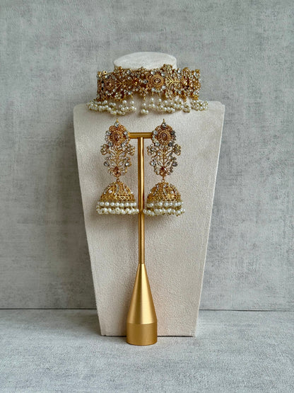 Ayura Designs Afsana Choker Set with Jhumkis – Mirror-Cut Polki, Ivory Pearls & Antique Gold Finish