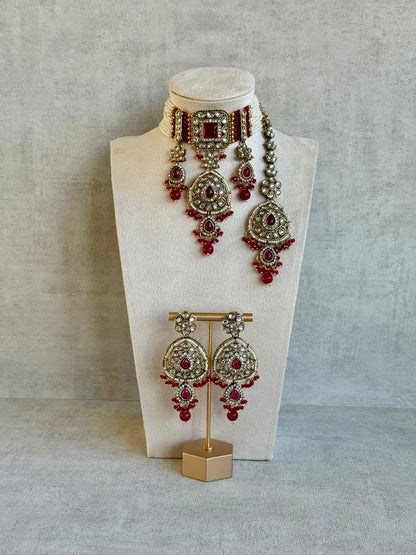 Ayura Designs Zarmeen Choker Set with Earrings & Tikka – Mirror-Cut Stones, Antique Gold Finish and Fuchsia Beads