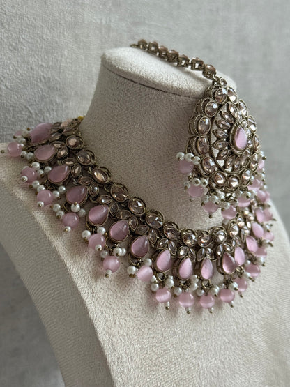 Ayura Designs Emaan Set – Necklace, Jhumkis & Tikka with Blush Pink Stones, Ivory Pearls & Champagne Gold Finish