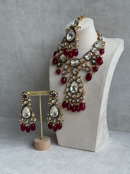 Ayura Designs Serhat Set – Necklace, Earrings & Tikka with Ruby Red Beads, Green Meenakari, Mirror-Cut Polki Stones & Gold Finish