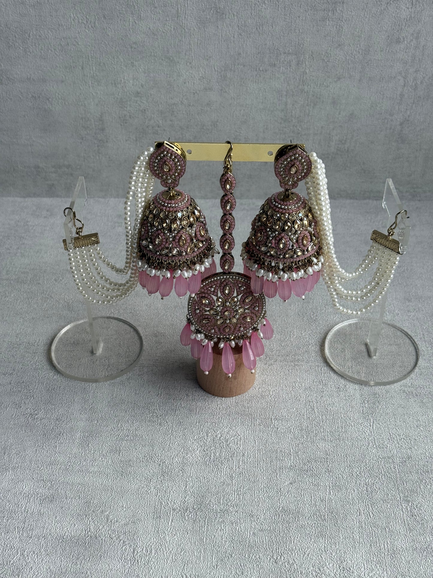 Ayura Designs Amrita Tikka Set – Jhumkis with Sahare & Tikka in Blush Pink, Pearls and Antique Gold Finish