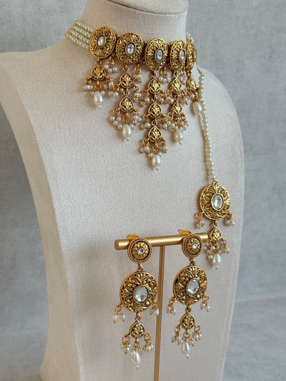 Ayura Designs Mohak Choker Set with Earrings & Tikka – Gold Waterfall Design with Kundan & Pearl Drops
