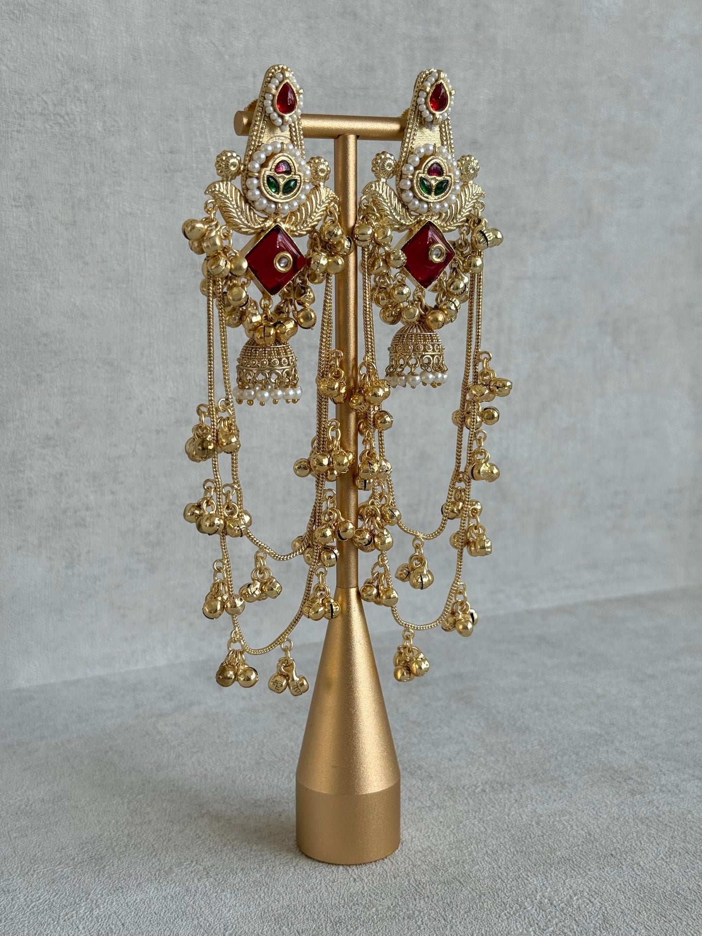 Ayura Designs Simal Earrings – Kashmiri Earrings with Red Stone, Multicoloured Detailing, Layered Ghungroo Chains & Jhumkis