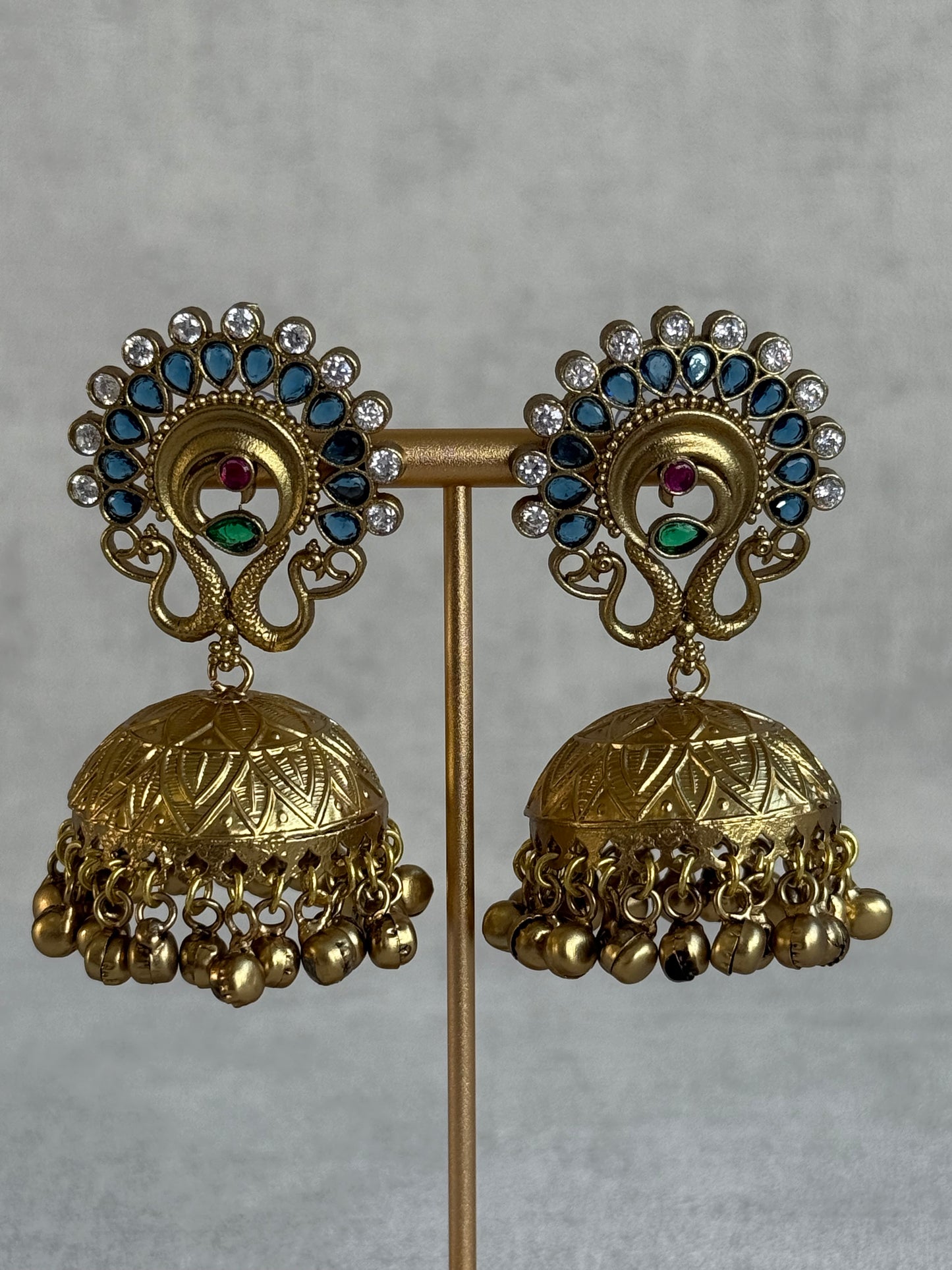 Ayura Designs Moraya Jhumkis – Ink Blue Peacock Motif with Antique Gold Detailing