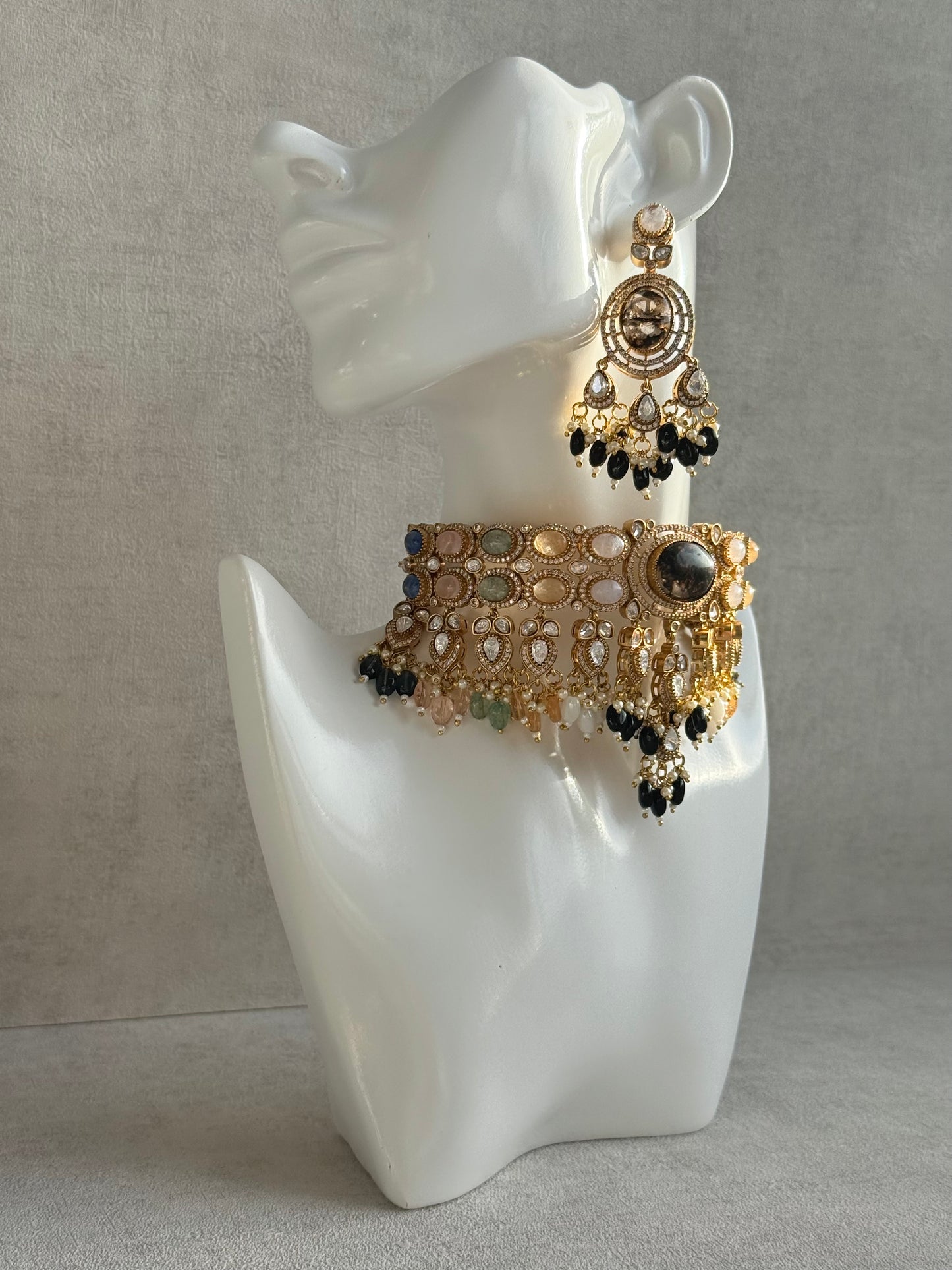 Ayura Designs Poppy Choker Set with Statement Earrings – Smoky Stone Centre with Pastel Beads, Pearls and Black Drops