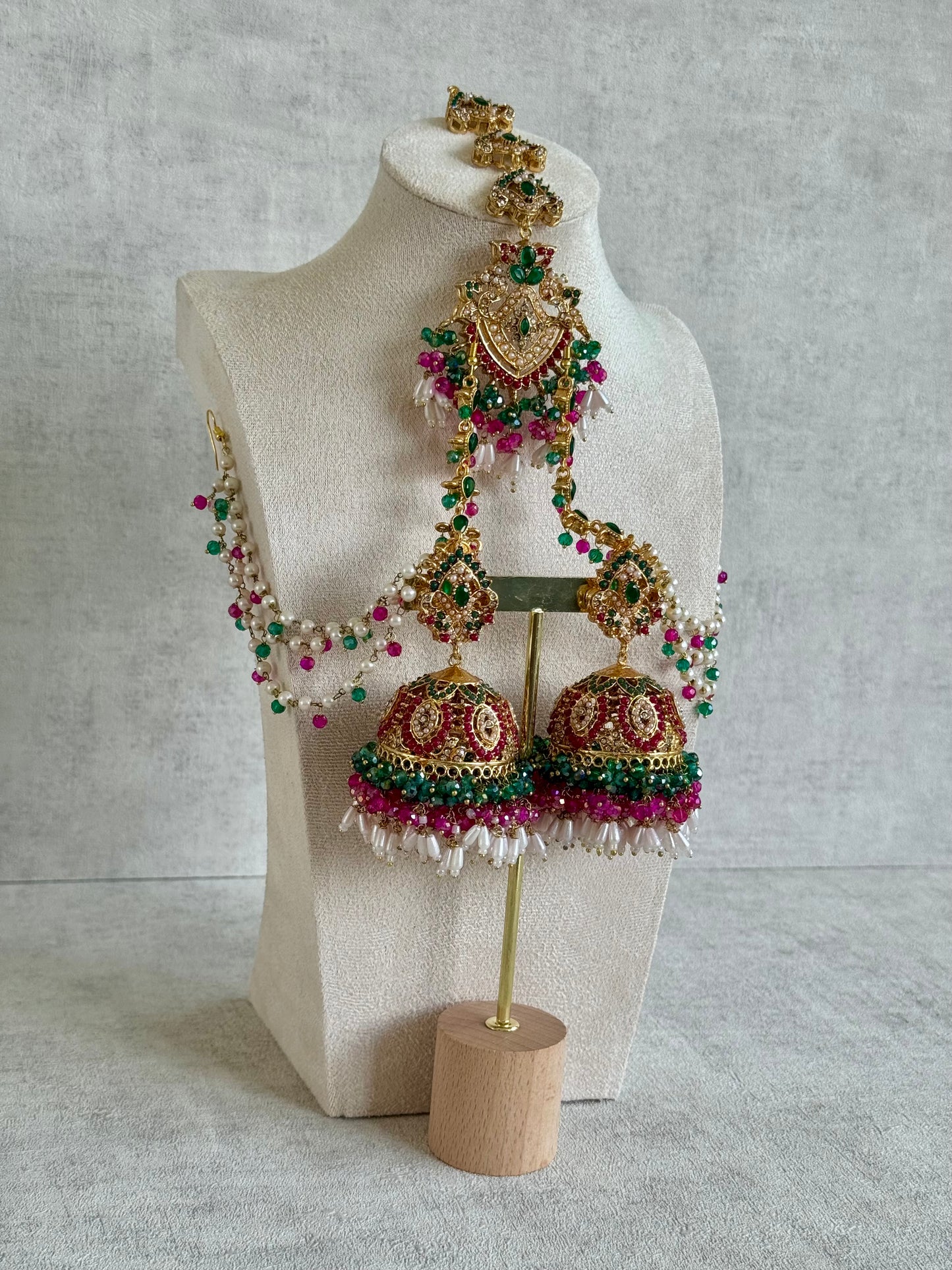 Ayura Designs Safia Tikka Set with Sahare Earrings – Multicolour (Emerald Green, Hot Pink & Ivory Beads)