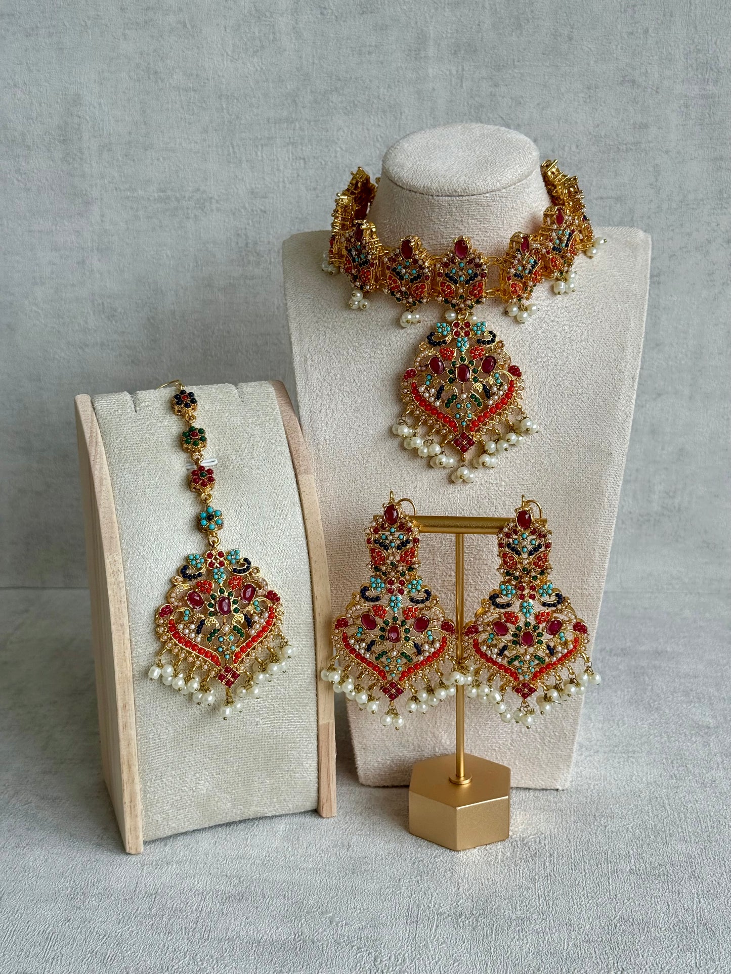 Ayura Designs Itrat Set with Choker, Earrings & Tikka – Antique Gold with Multicolour Stones & Pearl Detailing