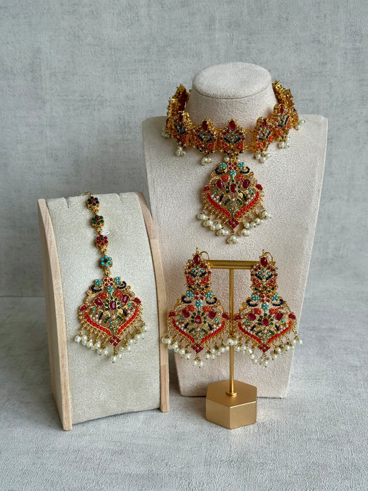 Ayura Designs Itrat Set with Choker, Earrings & Tikka – Antique Gold with Multicolour Stones & Pearl Detailing