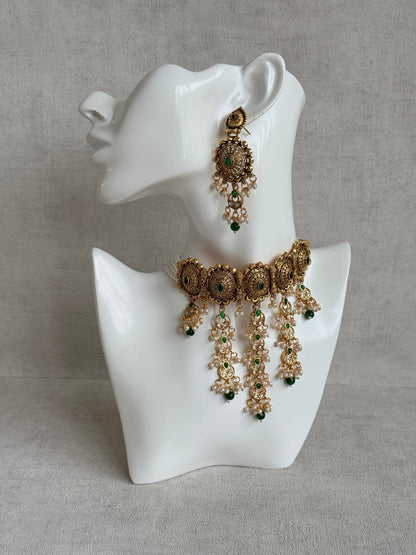 Ayura Designs Kabini Choker Set with Earrings – Gold Kundan Waterfall Choker with Emerald Green Beads & Pearls