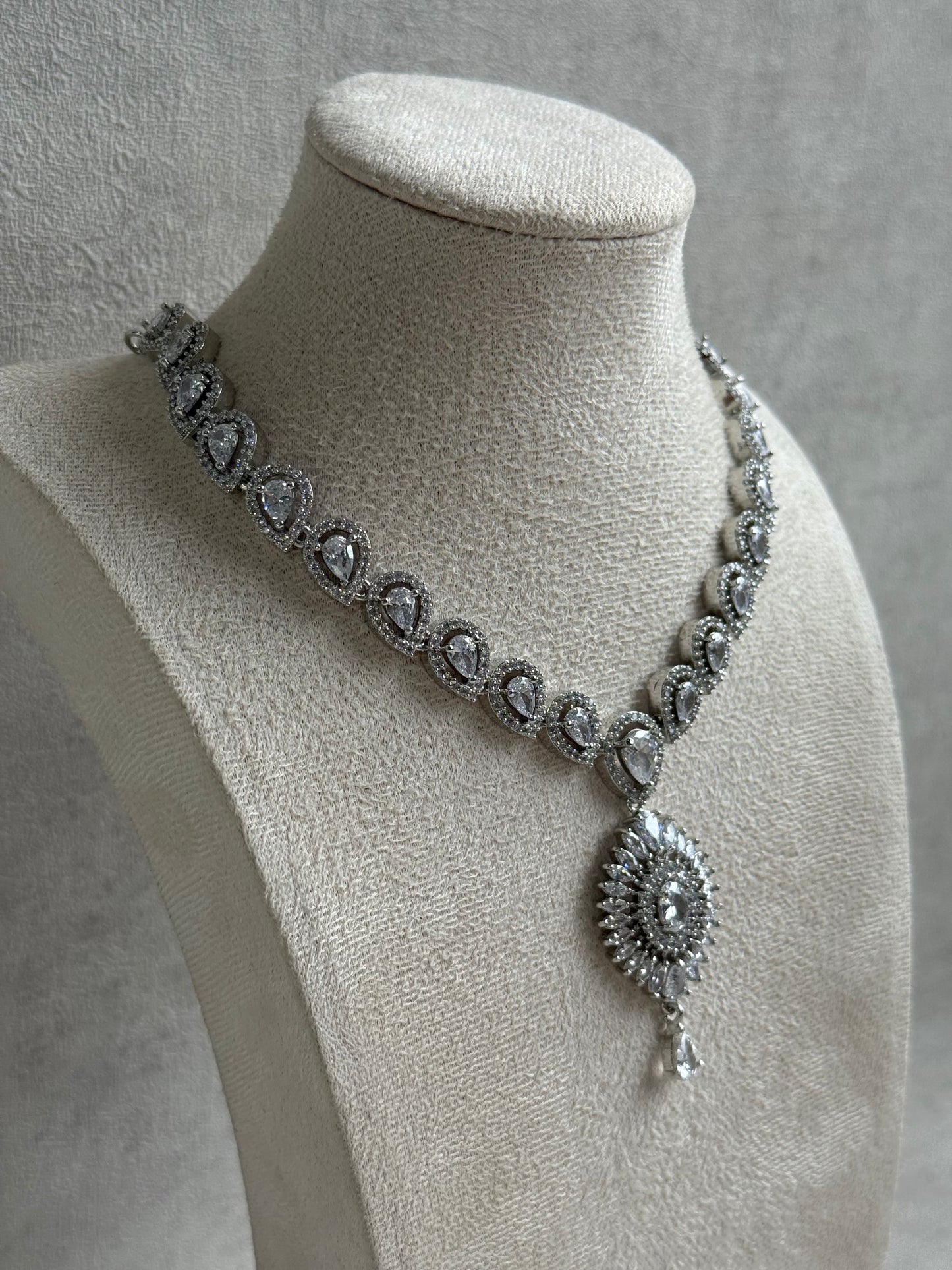 Ayura Designs Bella Set – Silver Necklace & Earrings with Teardrop Moissanite Stones & Radiant Halo Design