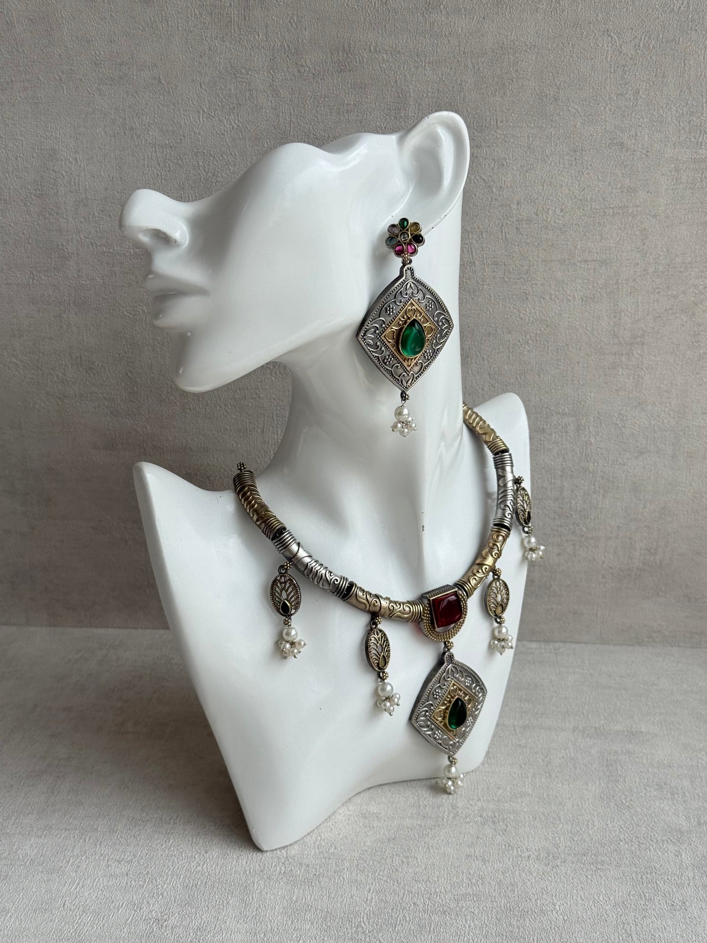Ayura Designs Paayal Set with Earrings – Dual Tone Oxidised Necklace Set with Multicolour Stones & Pearl Clusters