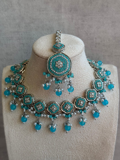 Ayura Designs Nomal Set with Earrings & Tikka – Aqua Blue Beads, Pearl Detailing & Silver Finish